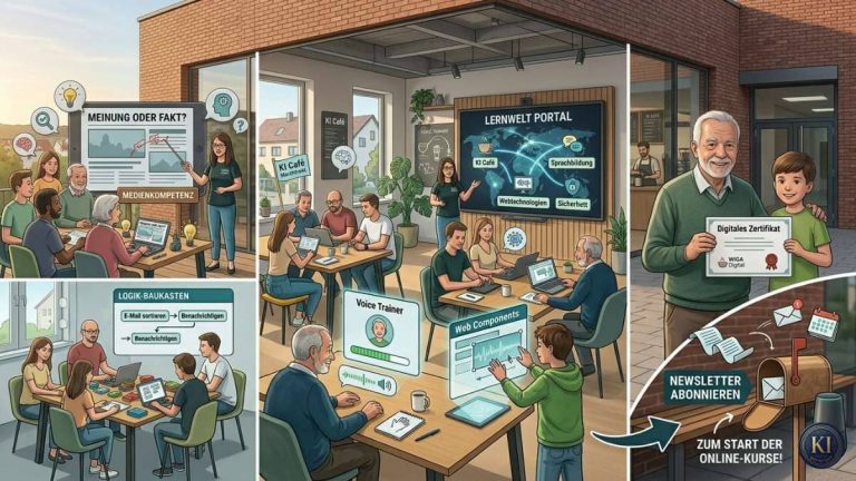 Illustration verschiedener digitaler Lernwelten von WIGA Digital mit Menschen aller Generationen. Gezeigt werden Workshops zu Medienkompetenz, KI-Cafés, Sprachbildung, Webtechnologien und Sicherheit sowie gemeinsames Lernen mit digitalen Geräten. Rechts halten ein älterer Mann und ein Kind ein digitales Zertifikat, daneben wird zur Anmeldung für Newsletter und Online-Kurse eingeladen.
