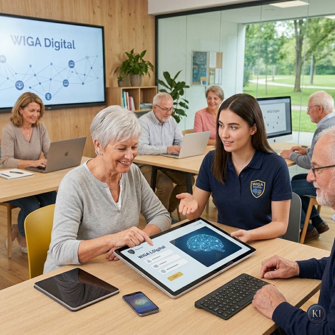 Wiga Digital Verein für Digitale Bildung & KI - Dieter Hofer
Menschen verschiedener Generationen lernen gemeinsam in einem modernen Schulungsraum von WIGA Digital. Eine junge Trainerin erklärt einer älteren Frau die Nutzung einer KI-Anwendung auf einem großen Touchscreen, während weitere Teilnehmer mit Laptops und Tablets arbeiten. Das Bild steht für digitale Bildung, generationsübergreifendes Lernen und verständliche KI-Vermittlung. Projekte & Initiativen